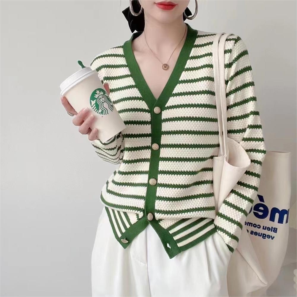 Áo cardigan dệt kim ZHELIHANGFEI tay dài dáng ôm kẻ sọc trẻ trung thời trang