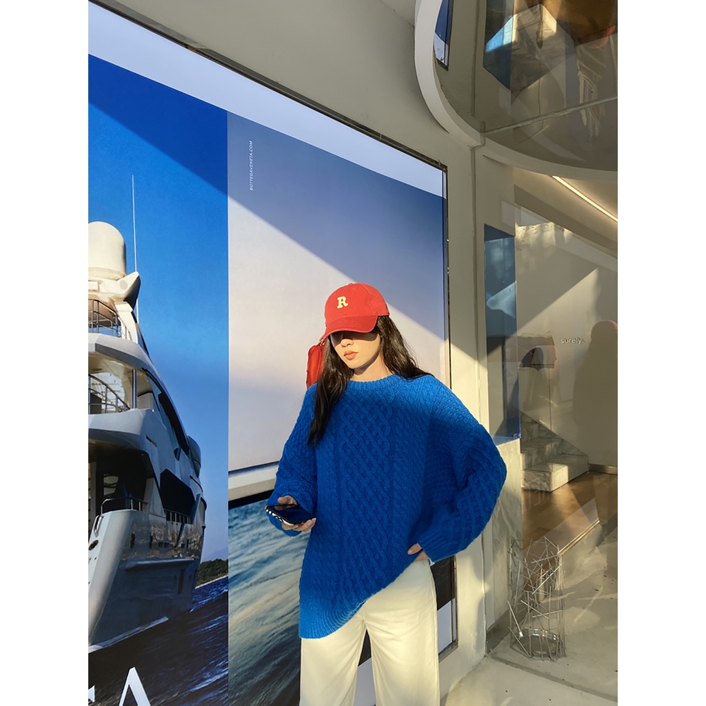 DUNEA Áo Sweater Dệt Kim Dáng Rộng Màu Xanh Dương Phong Cách Hàn Quốc Cho Nữ