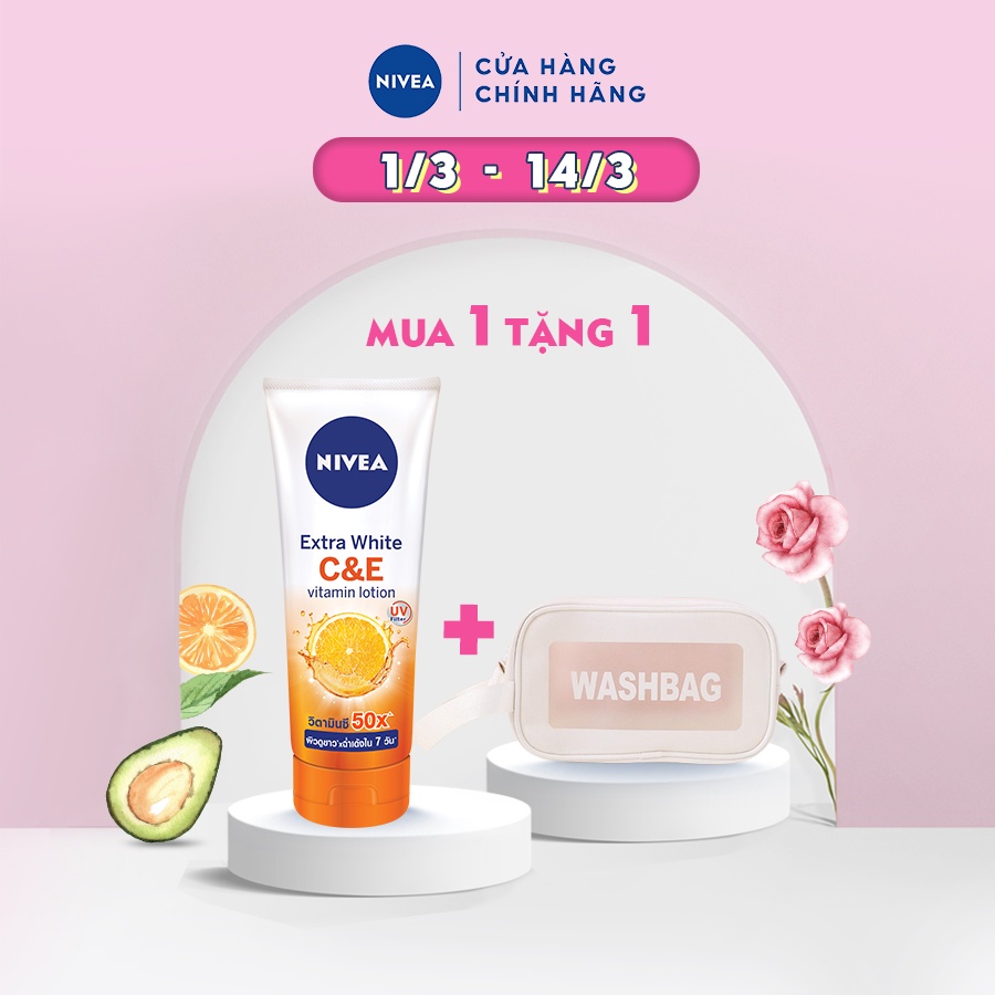 [TẶNG TÚI WASHBAG] Bộ sữa dưỡng thể dưỡng trắng Nivea Extra White C&amp;E Vitamin Lotion 180ml TẶNG TÚI TRANG ĐIỂM