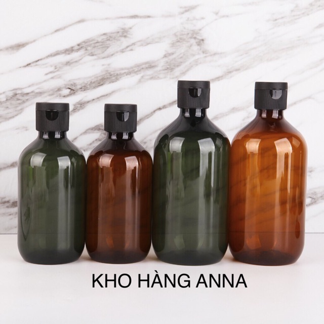 Chai 300ml nắp bật đen/ vòi nhấn giọt- Chai nhựa pet màu nâu/ màu xanh lá 300ml nắp bật màu đen-vỏ chai nhựa nắp vặn đen