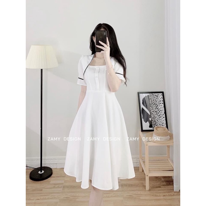 Váy TK tay bồng phối viền đen Zamy | BigBuy360 - bigbuy360.vn