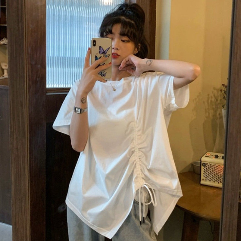 Áo thun 88046 dây rút dáng rộng ngắn tay thiết kế không đều thời trang mùa hè dễ thương