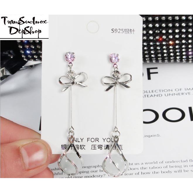 Bông tai nữ đính nơ và đá mắt mèo long lanh phong cách Hàn Quốc siêu dễ thương thích hợp đi chơi và dự tiệc