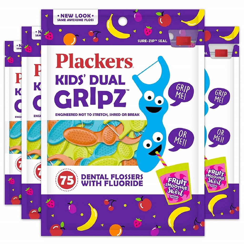 TÚI 75 TĂM CHỈ NHA KHOA & FLOURIDE VỊ TRÁI CÂY CHO BÉ Plackers Kids Dual Gripz Flossers, Grip Me Handle, Fruit Smoothie