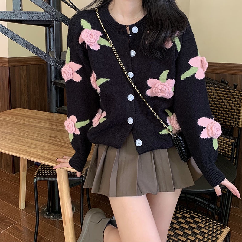 Áo Khoác Cardigan Dệt Kim Họa Tiết Hoa Màu Sắc Tương Phản Cho Nữ  tao bao
