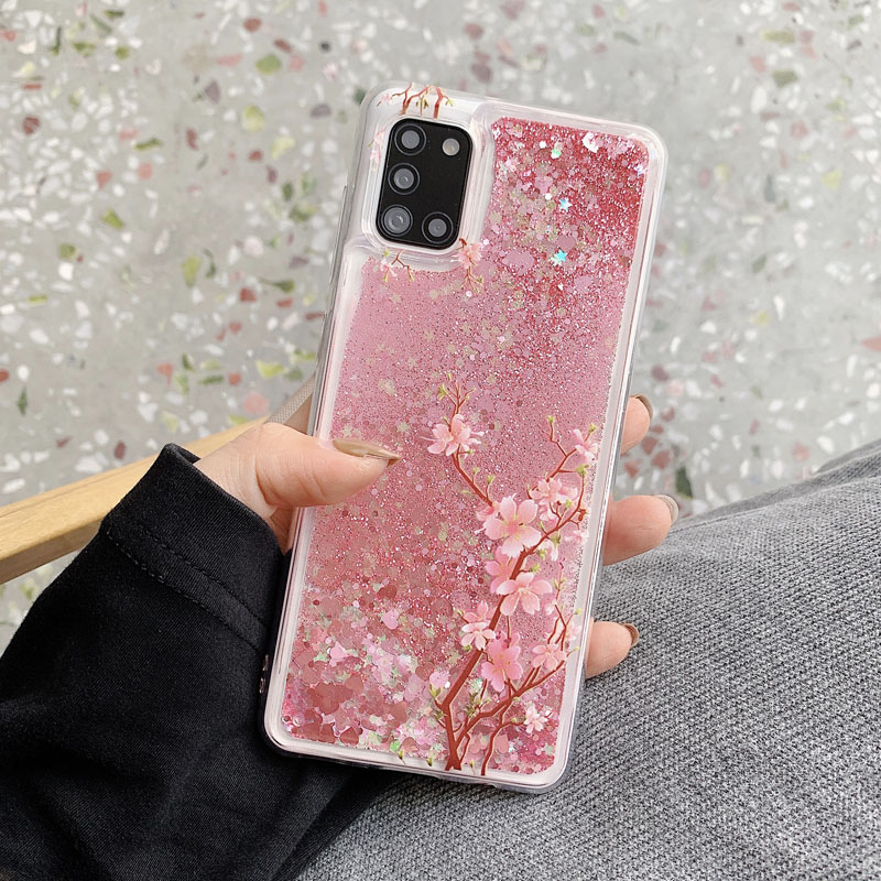 Ốp lưng kim tuyến nước hình hoa đào thích hợp cho Samsung Galaxy A10 A31 A20 A50 A70 A81 A91 A51 A71 A11 A10S A20S A21S