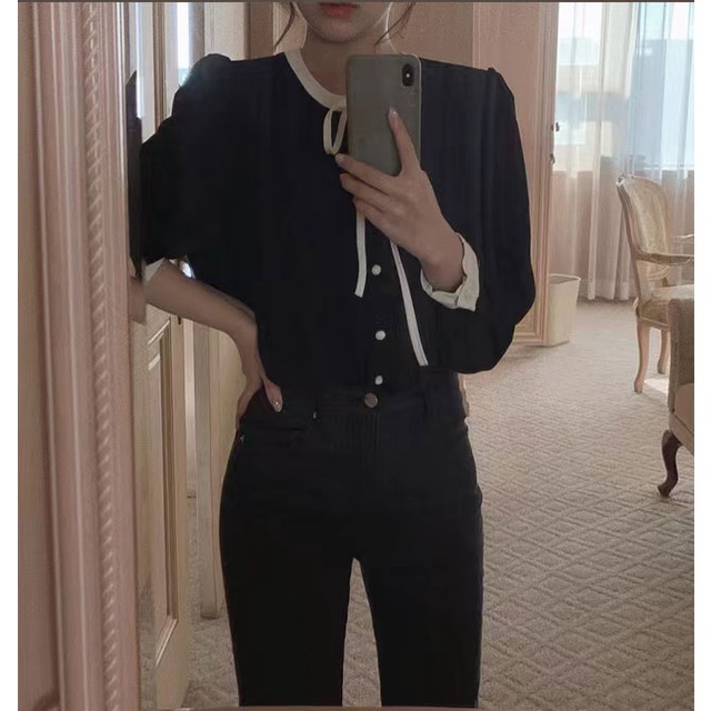 Áo Sơ Mi Tay Dài Buộc Dây Màu Đen Thanh Lịch Dành Cho Nữ 49305