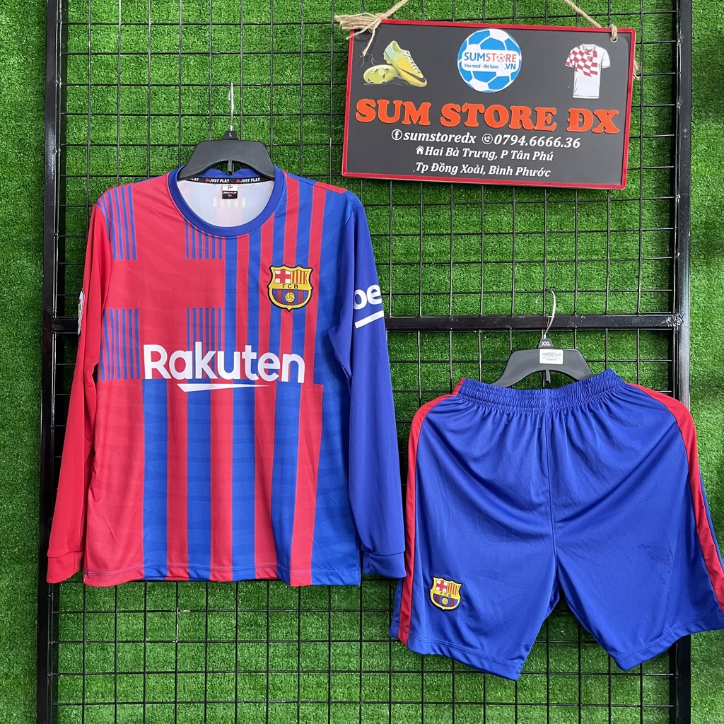 Áo Đá Banh CLB Barca Xanh Tay Dài JP 2021- Mẫu Áo Đấu Hot, Giá Rẻ, Bền Đẹp