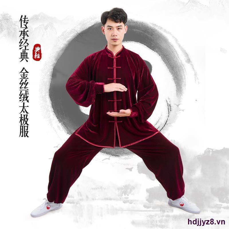 Quần áo Thái Cực Quyền màu vàng nhung nữ quần áo mùa thu và đông dày quần áo tập thể dục cho người trung niên và cao tuổi nam Trung Quốc phong cách Trung Quốc quần áo võ thuật Thái Cực Quyền