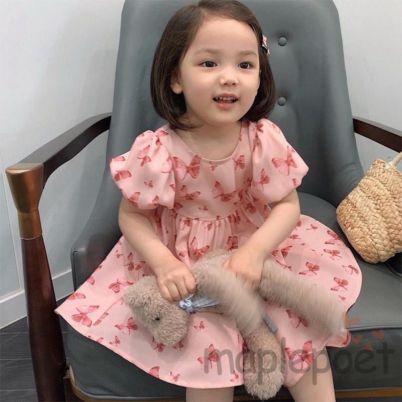 MAP-Toddler Summer Princess Dress, Baby Girls Butterfly Print Puff Sleeve Round Neck One-piece