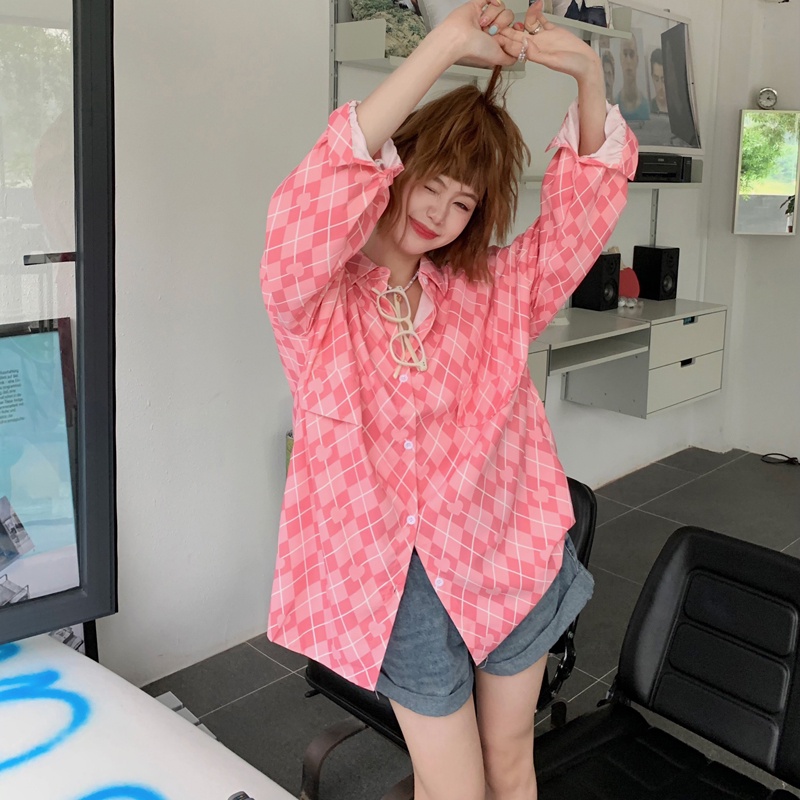 Áo sơ mi ZHELIHANGFEI tay dài dáng rộng họa tiết sọc theo phong cách Nhật Bản dễ phối đồ cho nữ