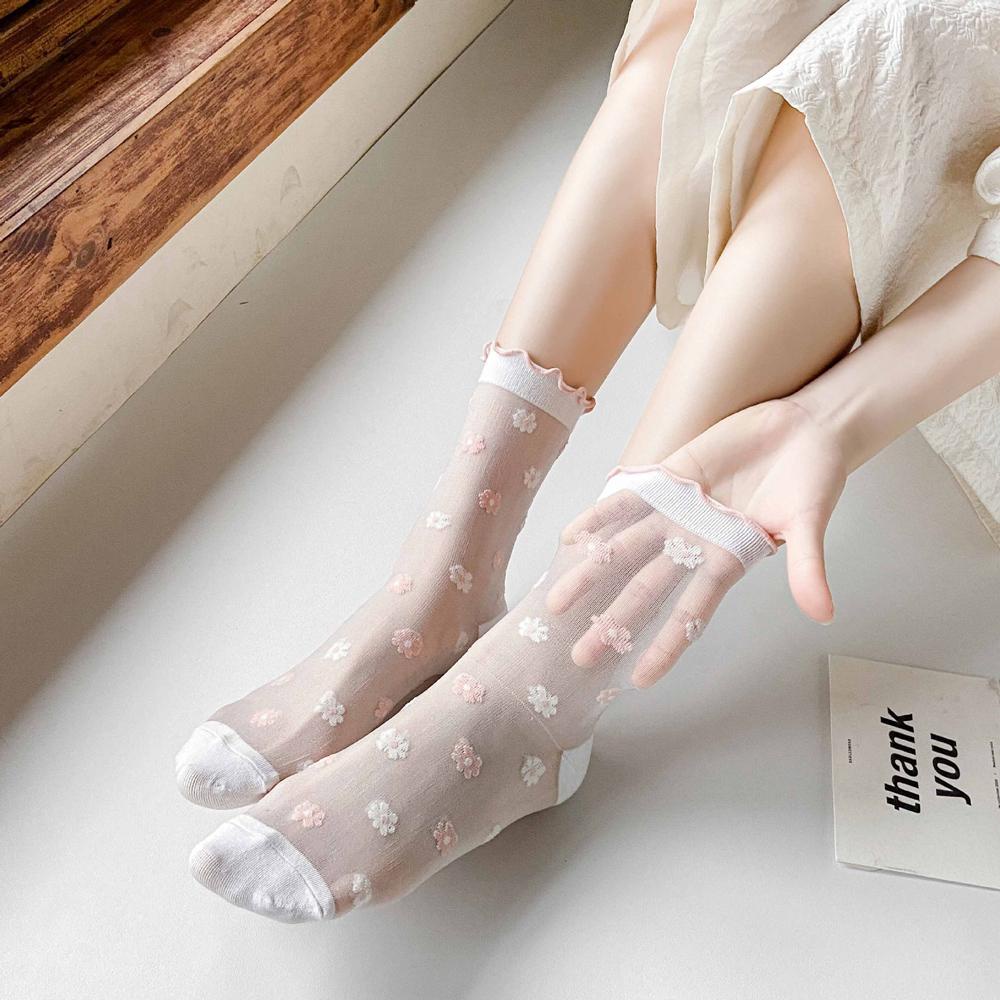 Vớ Trong Suốt Họa Tiết Hoa Phong Cách Harajuku Hàn Quốc Cho Nữ