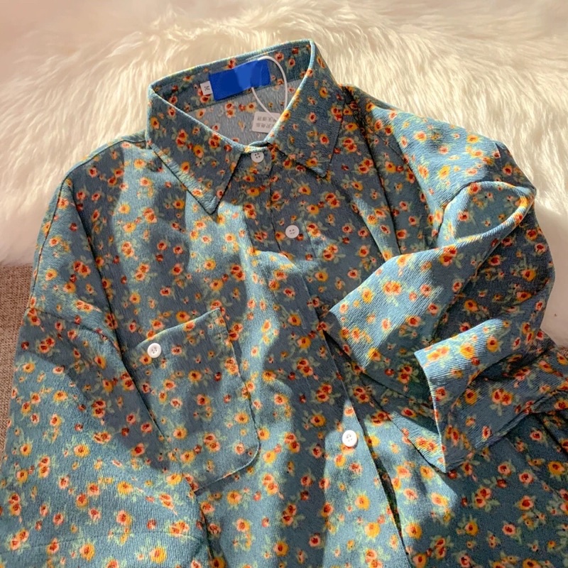 Áo sơ mi hoạ tiết hoa nhí dáng rộng chất liệu vải thoáng mát Vintage unisex