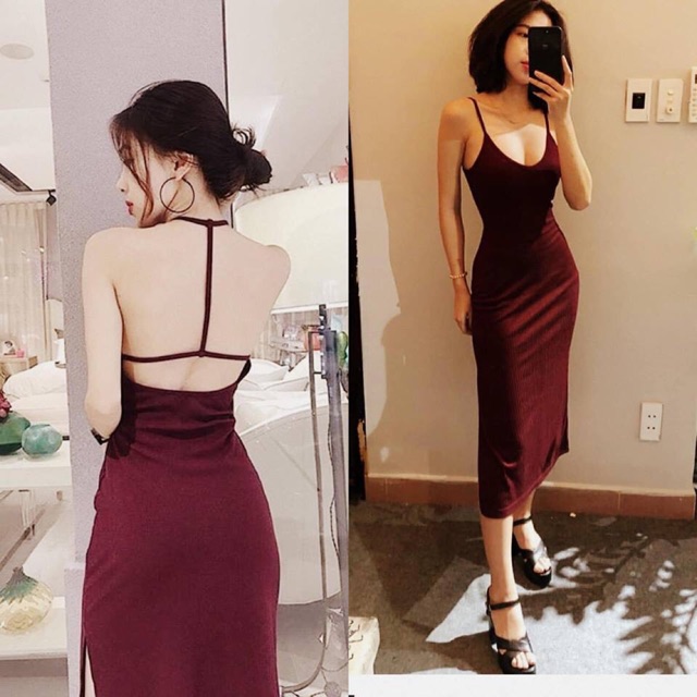 Váy body 2 dây Đan lưng màu đỏ đen
