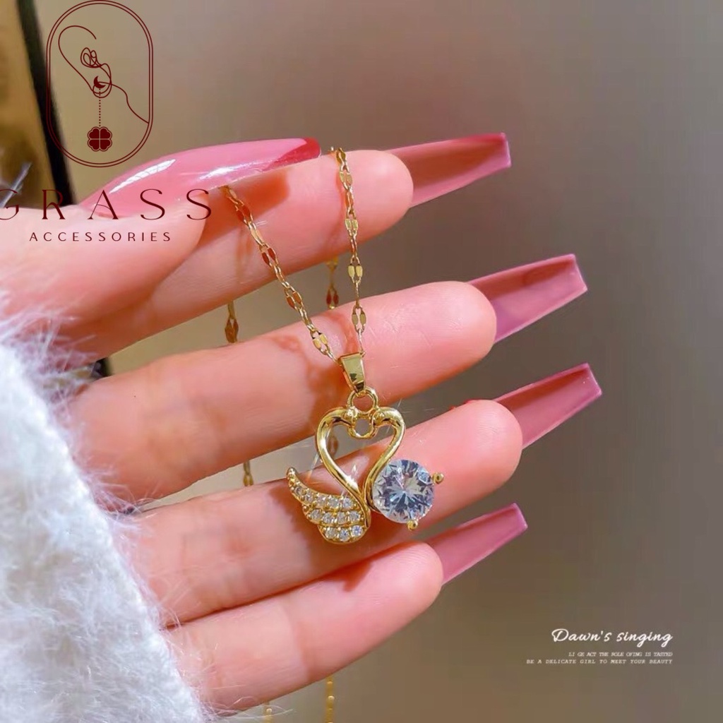 Dây chuyền, vòng cổ nữ hình thiên nga đính đá pha lê, mạ vàng 18k cao cấp SP047 GRASS. ACCESSORIES