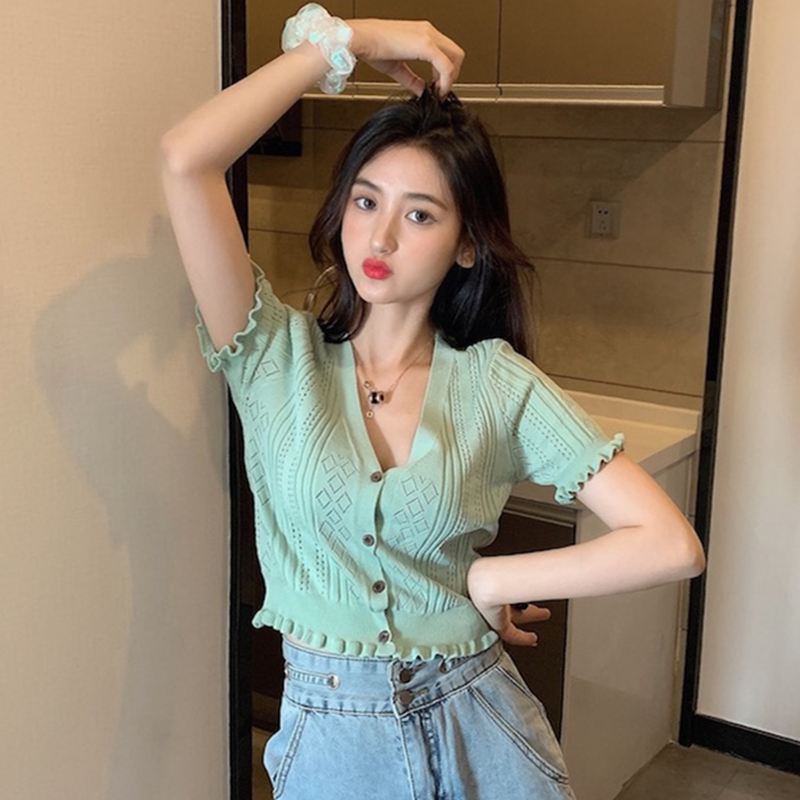 SUXI Áo Croptop Dệt Kim Tay Ngắn Thiết Kế Cổ Chữ V Thanh Lịch