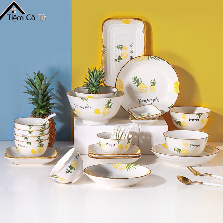 Bộ bát đĩa sứ hoạ tiết dứa vẽ tay 🍍
