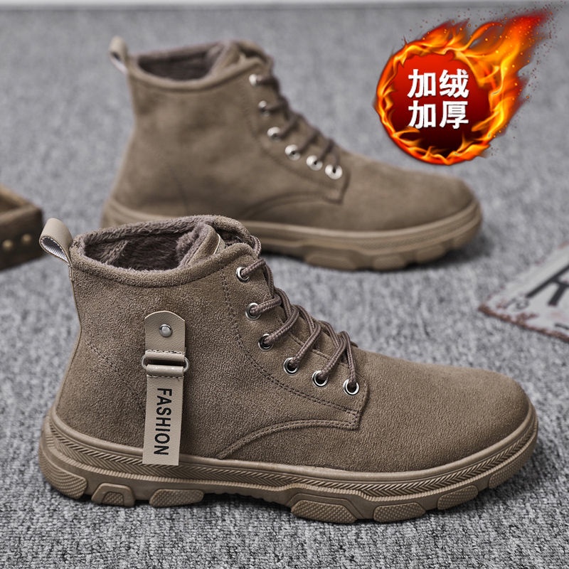 Giày Bốt Da Cao Bồi Phối Len Dày Màu Trơn Chống Trượt Chống Nước Cho Nam