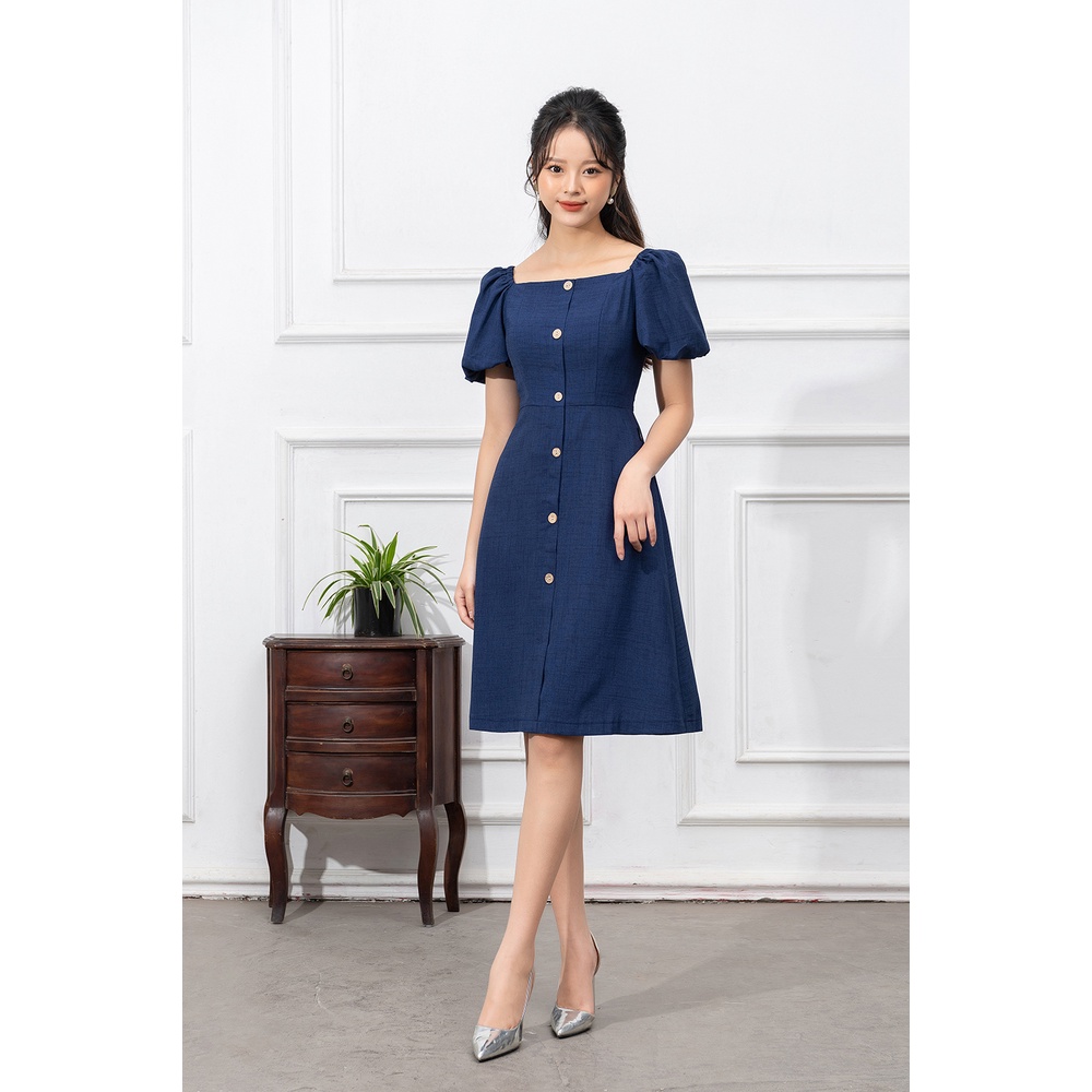 Váy Công Sở Thiết Kế LUPERI Tay Bồng Cổ Vuông Thanh Lịch Chất Liệu Đũi Xước Cao Cấp LFV3271