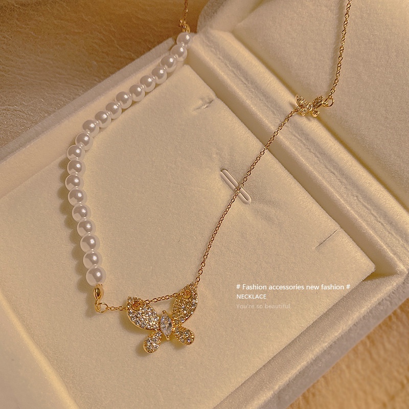 Vòng cổ YeYi thép titan mặt hình bướm đính ngọc trai sang trọng cho nữ