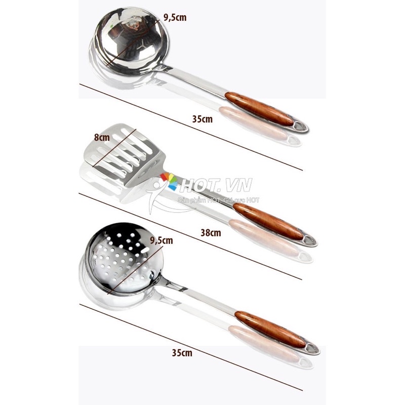 Muôi Múc Canh, Muôi Thủng, Xẻng Lật Inox 304, Đồ Dùng Nhà Bếp Cán Nhựa Giả Vân Gỗ Cao Cấp