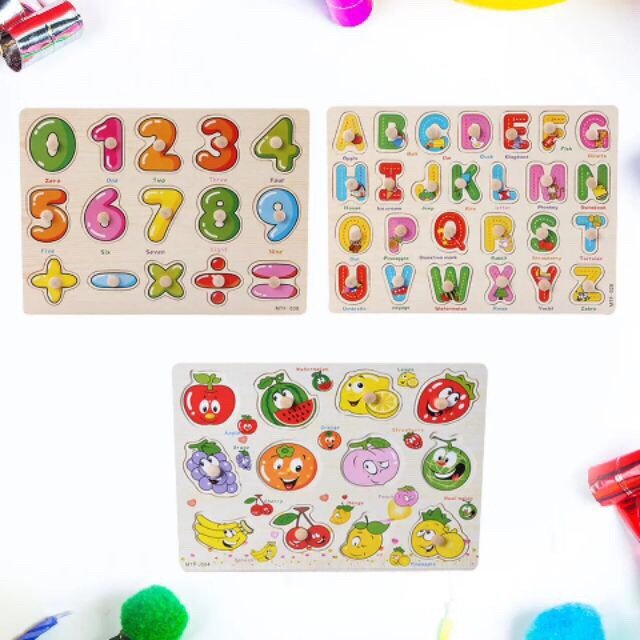 Combo 3 Bảng Ghép Hình Bằng Gỗ Chủ Đề Chữ Cái, Chữ Số Và Các Loại Quả Có Núm Cầm Chắc Chắn