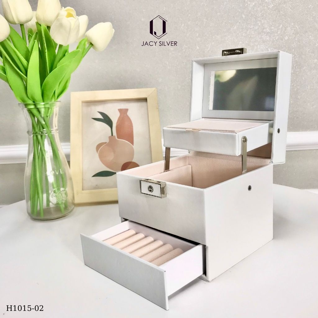 Hộp da đựng trang sức 3 tầng kèm gương, chống nước, hộp đựng nữ trang gọn gàng, tiện lợi H1015