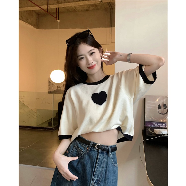 Áo Thun Dệt Kim Ngắn Tay Họa Tiết Trái Tim Thời Trang Cho Nữ