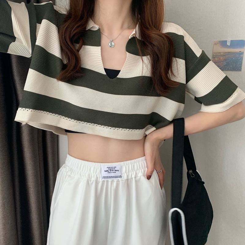 Áo croptop len tăm có cổ polo tay lỡ nhiều màu