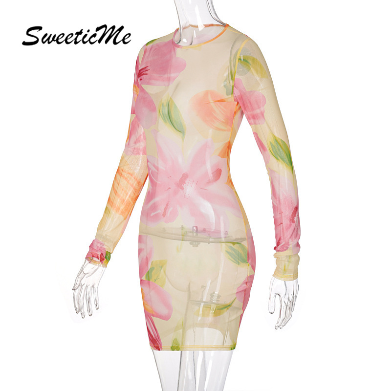 SweeticMe Women's 2021 New Fashion Print Sexy See-through Mesh Round Neck Dress | BigBuy360 - bigbuy360.vn
