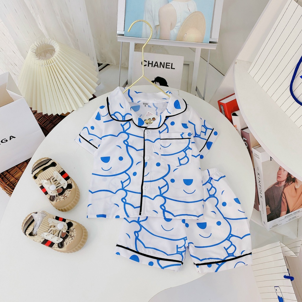 CT24 Bộ Pijama Cộc Tay Họa Tiết Gấu Cho Bé Chất Vải Kate Thái Mùa Hè Mát Mẻ Đủ Size Từ 8-20Kg VNXK Nhật-Hàn
