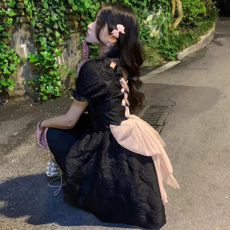 Váy Công Chúa Đen Nơ Hồng Thắt Lưng Babygirl