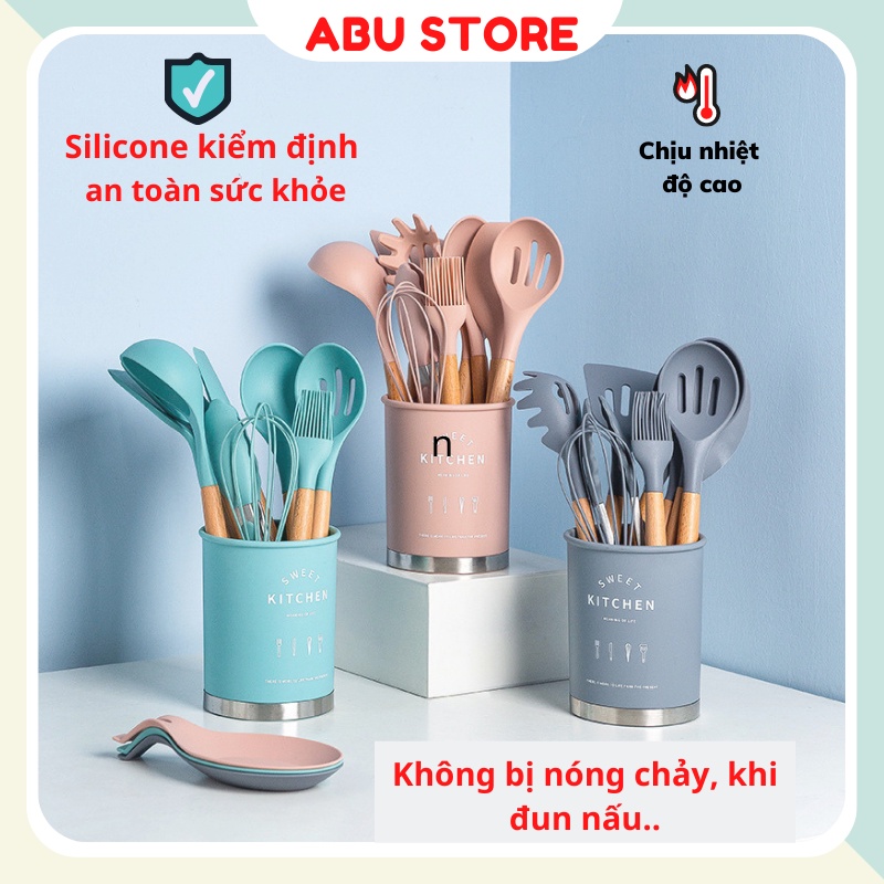 Bộ dụng cụ nhà bếp Silicon an toàn chịu nhiệt cao bộ dụng cụ làm bánh 11 món chống dính ABUSTORE