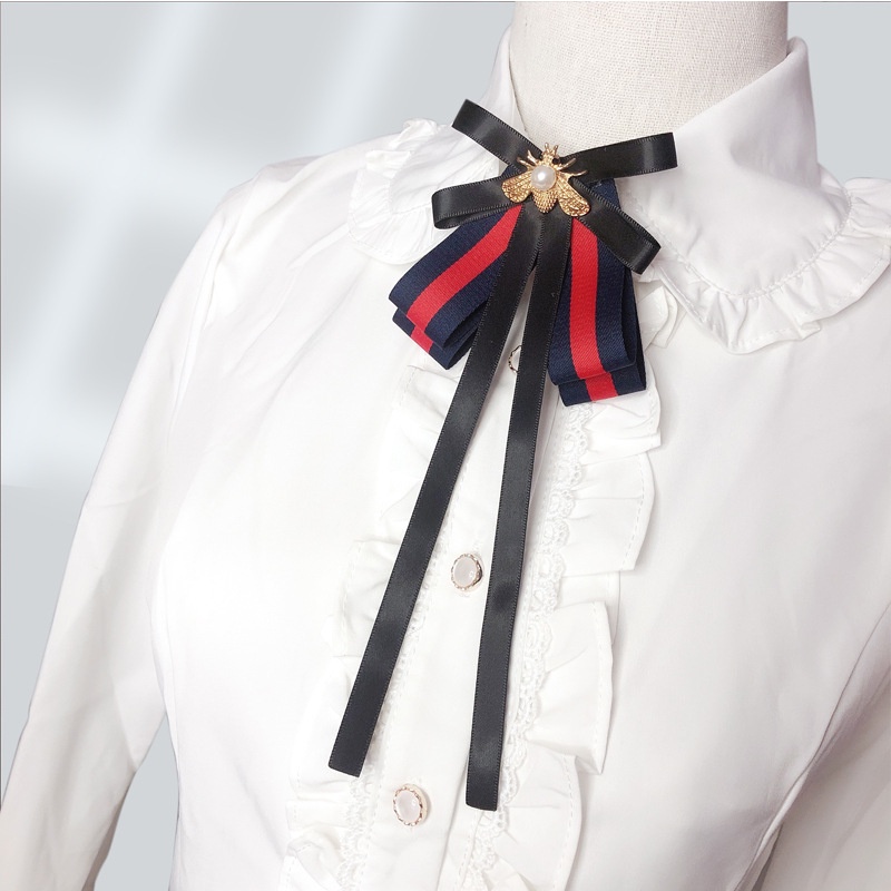 Ghim Cài Áo Hình Nơ Đính Ngọc Trai Đồng Phục Nữ Tính