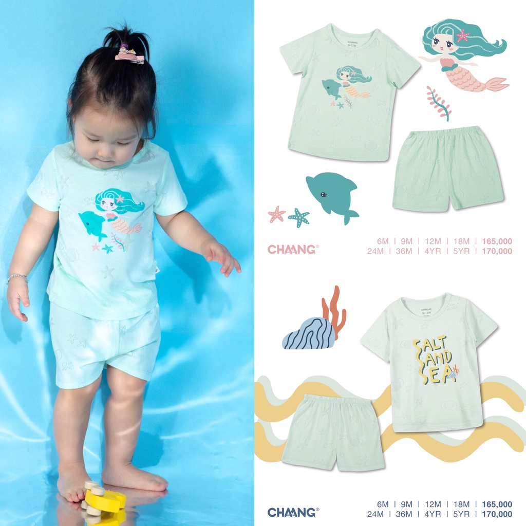 Bộ áo cộc tay cúc vai quần đùi trẻ em họa tiết vân chìm The Sea Chaang