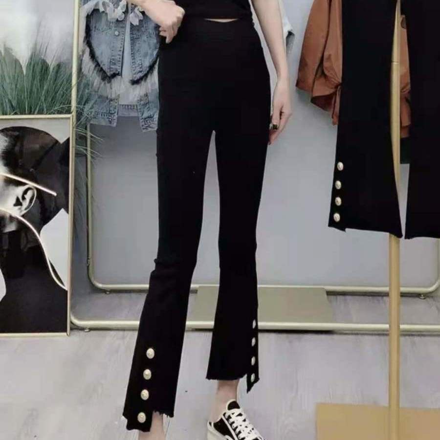 Quần lưng co giãn dáng ôm phối bốn nút gài kiểu xẻ tà không đồng đều thời trang mùa thu phong cách Hàn Quốc