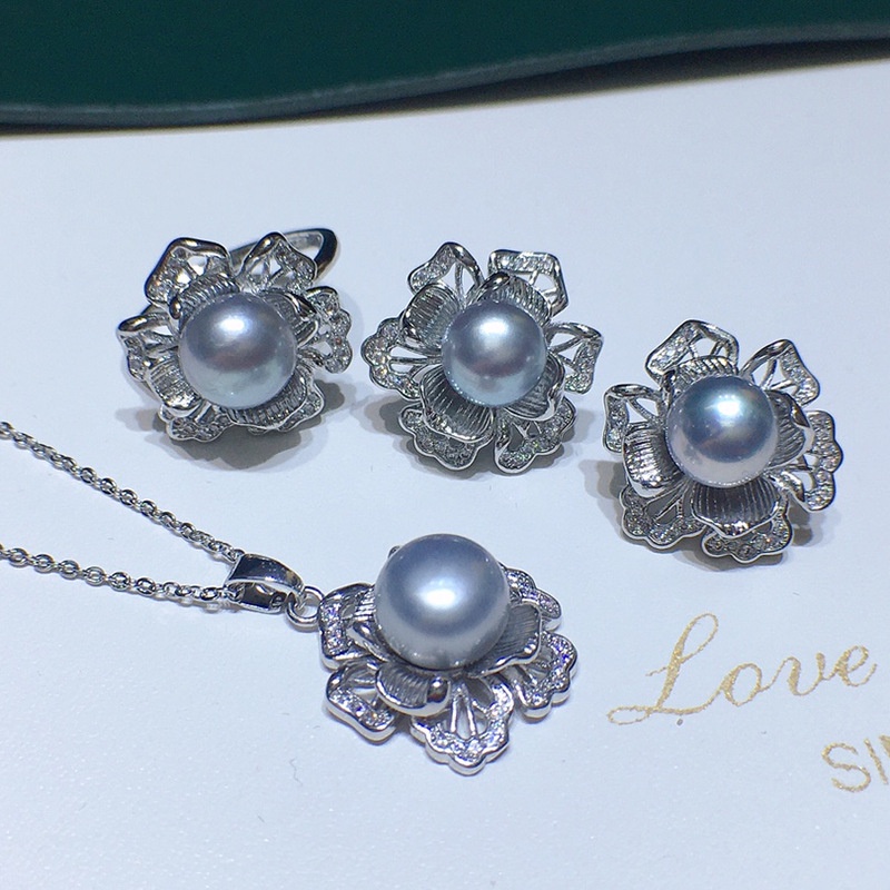 Bộ Trang Sức Ngọc Trai Hình Bông Hoa 8-9mm