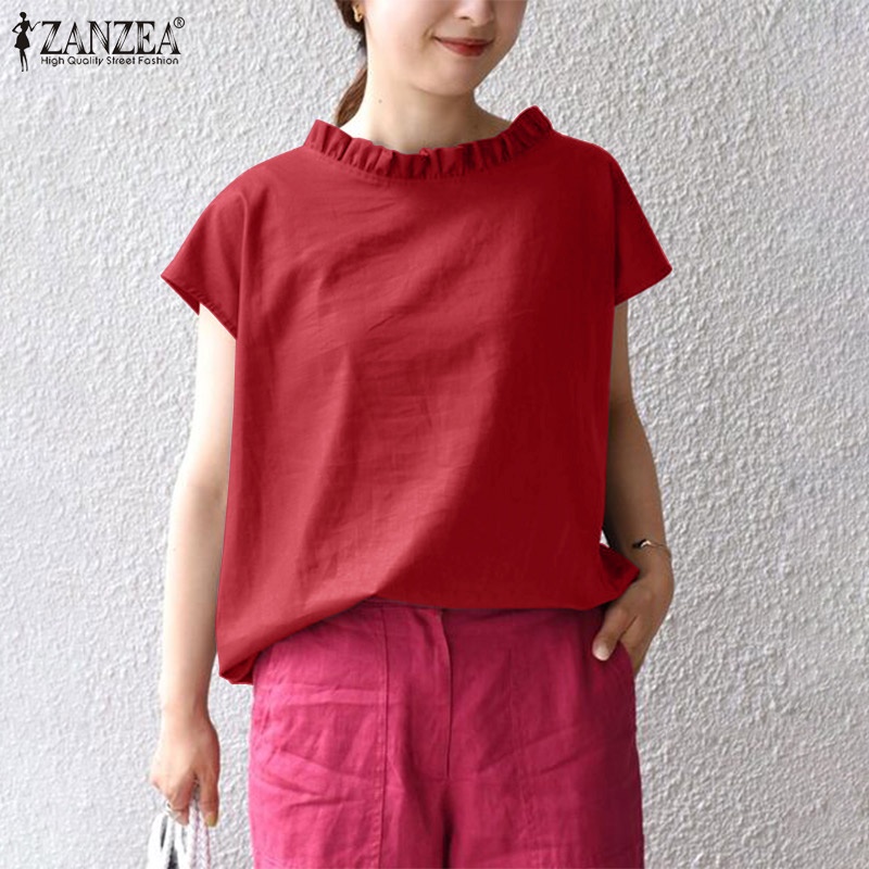 Áo ZANZEA tay ngắn màu trơn thời trang dành cho nữ