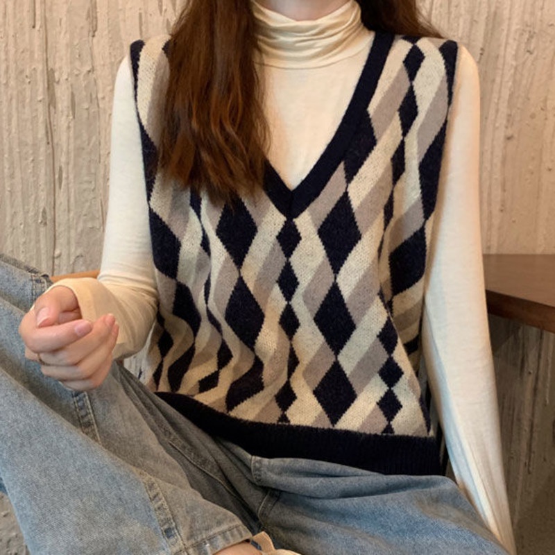 Áo Sweater Dệt Kim Không Tay Cổ Chữ v Màu Tương Phản Phong Cách Hàn Quốc Thời Trang Mùa Thu Cho Nữ