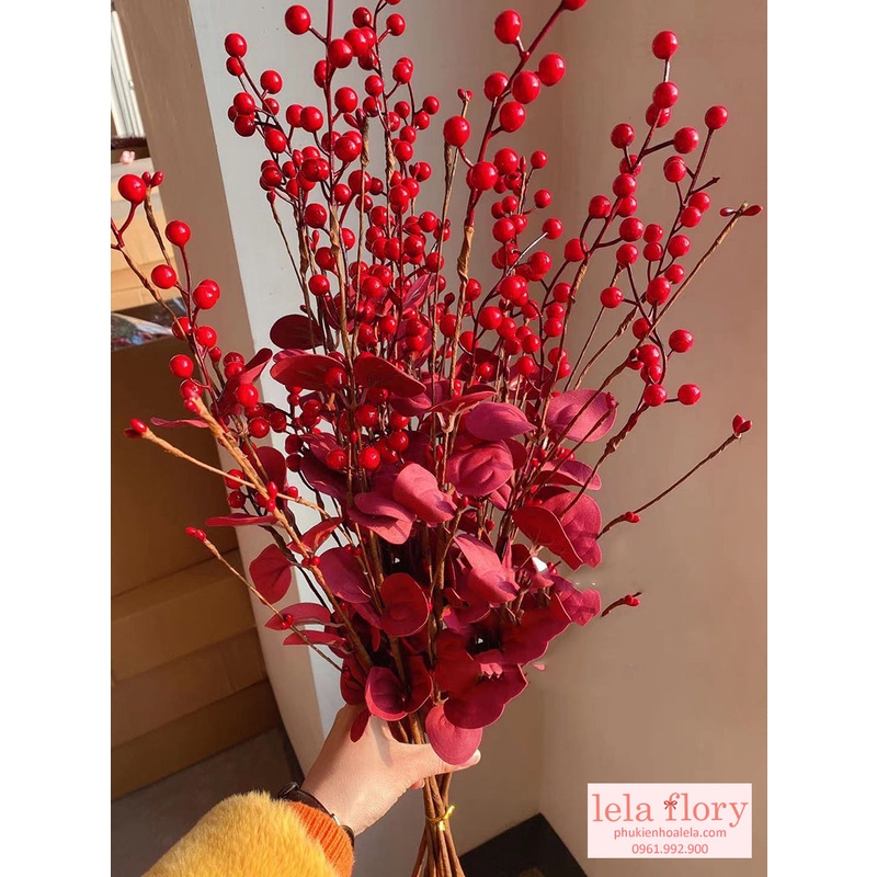 Cành đào đông giả có lá nhiều màu, hoa trang trí, decor nhà cửa - HOG0006