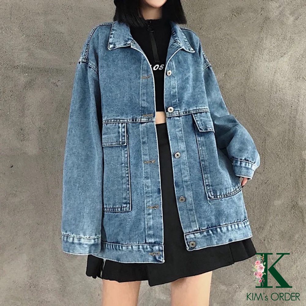 Áo khoác jean nữ màu xanh và đen dài tay phom rộng cổ sơ mi Unisex phong cách Ulzzang Hàn Quốc cá tính cho nam chất đẹp