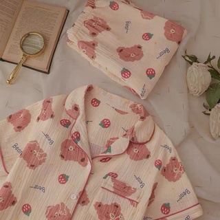 Set pyjama chất muslin hình gấu dâu cute