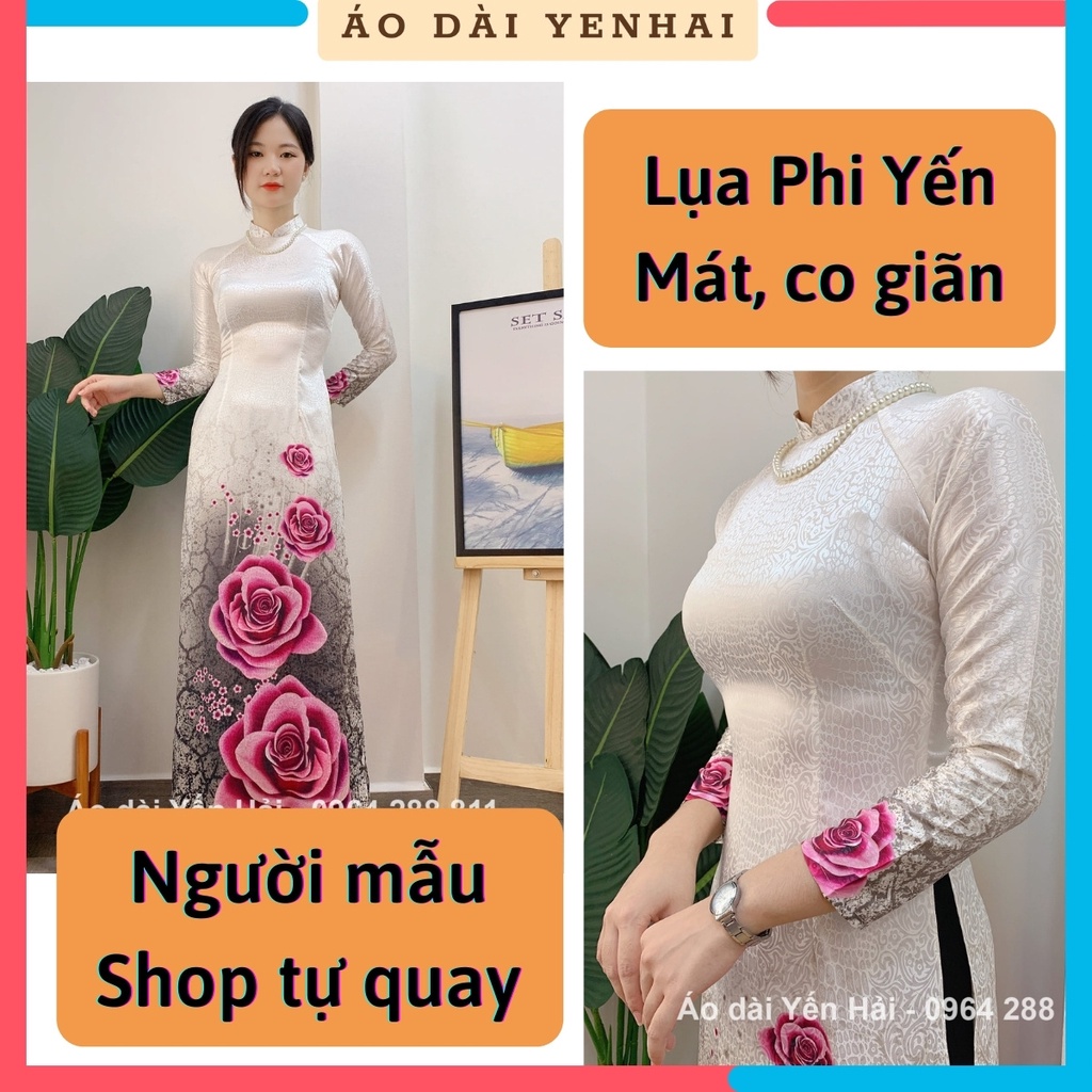 Áo dài truyền thống lụa Phi Yến thiết kế hoa hồng | Áo dài Yến Hải | PY10