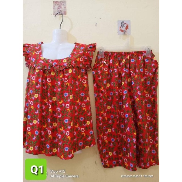 Bộ tole/lanh nữ quần lửng, áo cổ vuông tay cánhcánh tiên