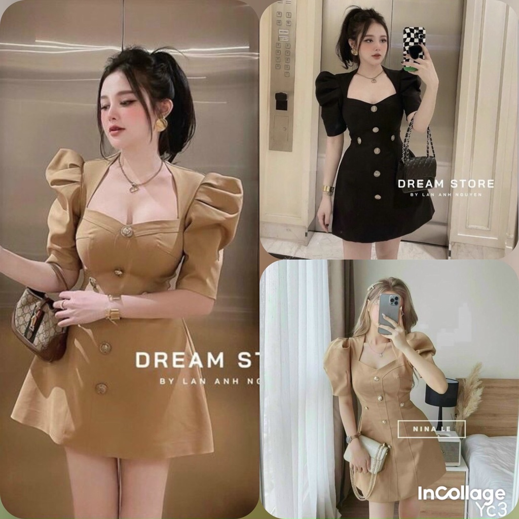 Đầm váy nữ dự tiệc dáng xòe thanh lịch dợ tiết đính nút 2 màu trẻ trung cá tính