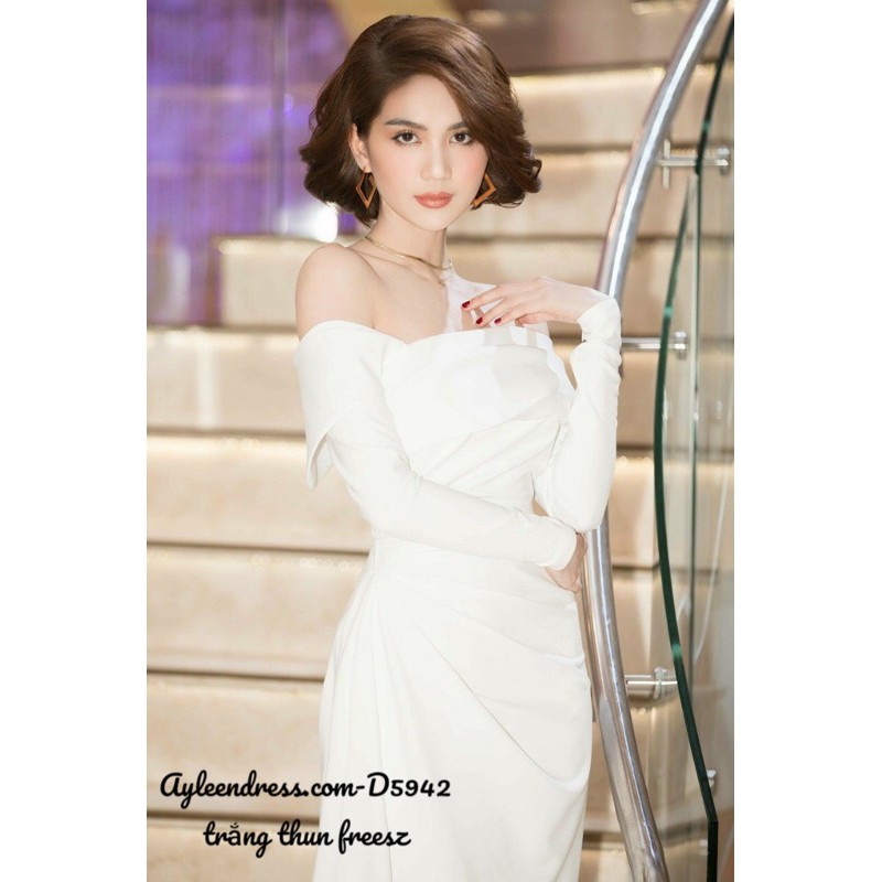 Đầm dạ hội hở vai tay dài nhúng eo màu trắng sang trọng