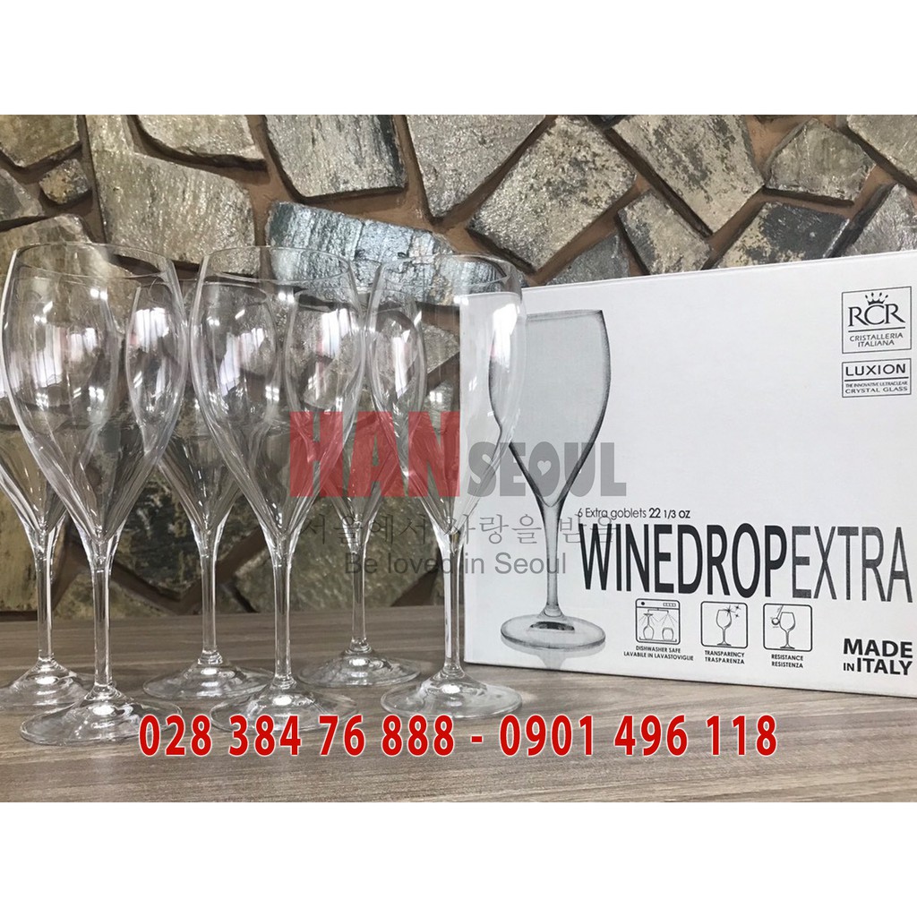 Bộ 6 ly pha lê rượu vang trắng bầu lớn RCR của Ý dòng Luxion ® Winedrop EXTRA 660ml (Goblet for Selected White Wines)