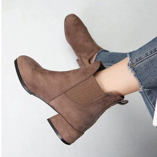 Giày Bốt Nữ Da Lộn Cạnh Chun Gót Cao 5cm