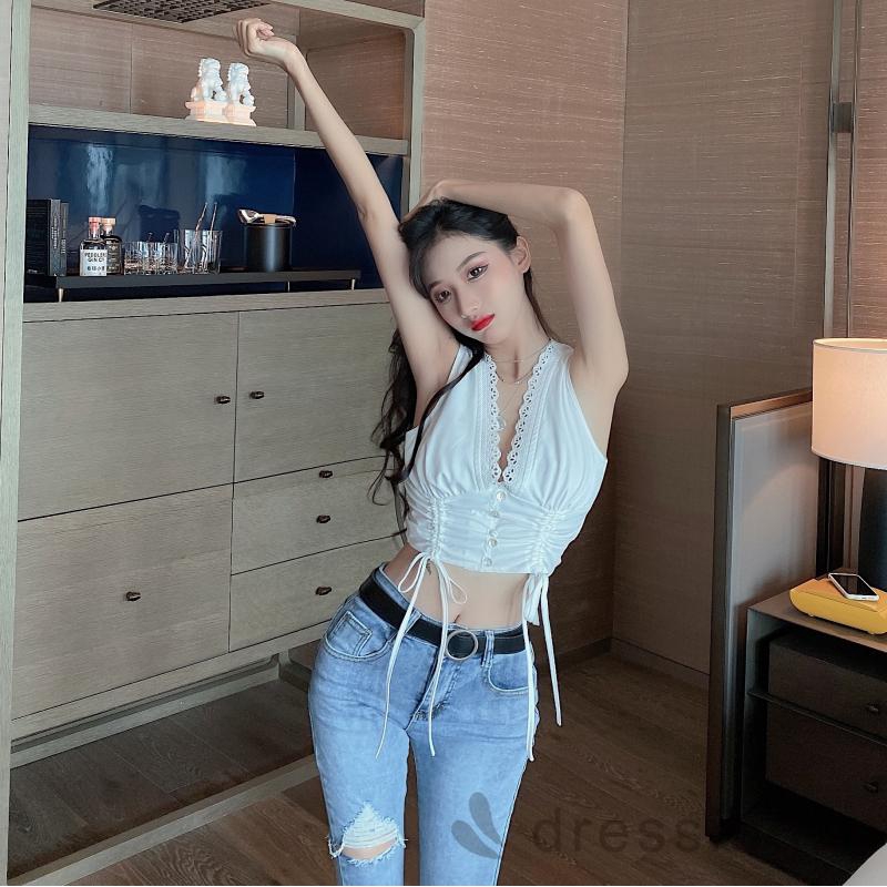 d❃♪Summer Ladies V-neck Sleeveless Slim Casual Crop Tops