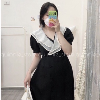 Đầm phối cổ voan tay bồng váy đen dáng dài phối nút bọc Quinnie Store